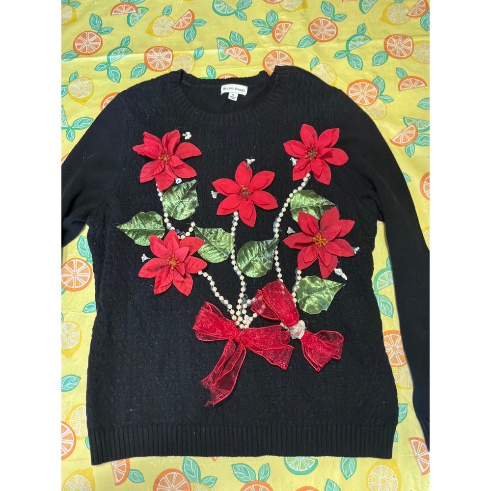 Christmas Womens Studio‎ Works Poinsettia Ugly Christmas Sweater XL Black Red